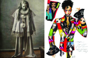 Two side-by-side images. On the left, Michael Philpot as Pierrot, wearing a costume he designed and made. On the right, Stacia Lang's design for a two-piece “pajama” ensemble. Images of Prince’s band, the New Power Generation, were transferred onto silk charmeuse and then color was hand-painted on. “Prince wore silk suits that we called “pajamas,” because of their seemingly informal and soft structure”