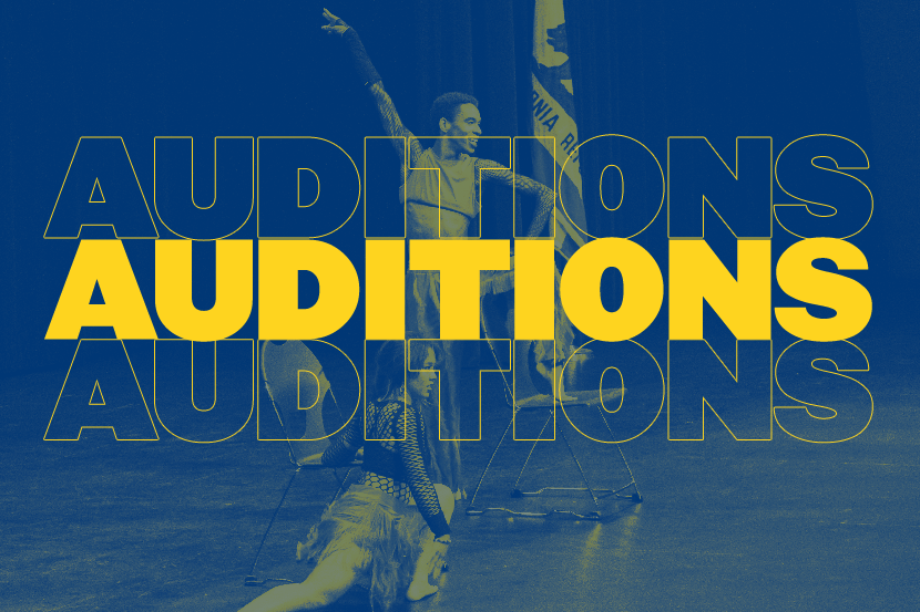 Dancers on stage with the word "Auditions" written three times
