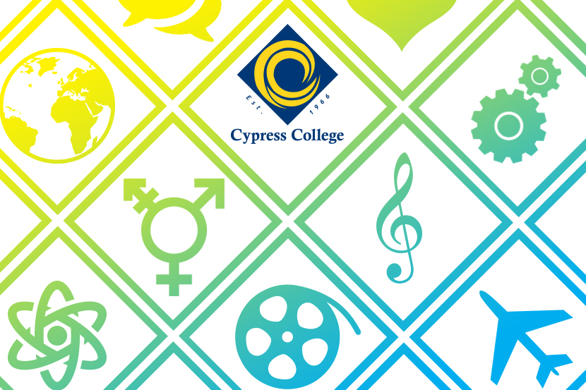 White background with yellow, green, and blue images of earth, music note, cogs, film reel, and airplane, along with Cypress College logo