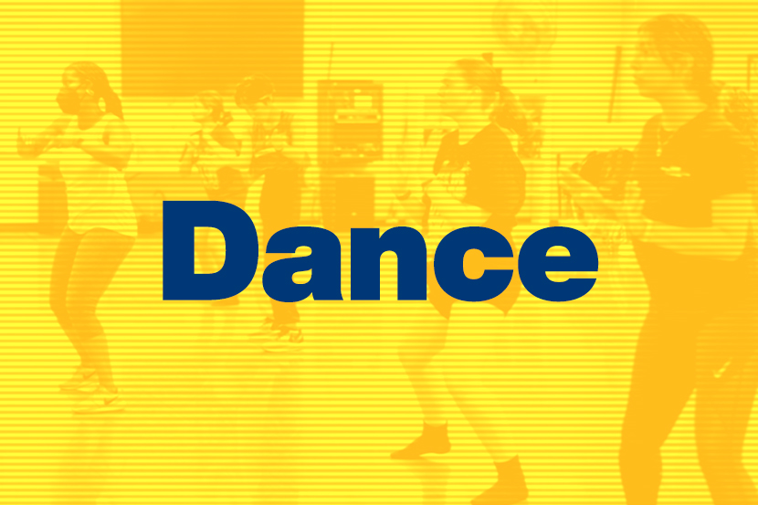 Students in dance class with yellow overlay and word Dance in blue