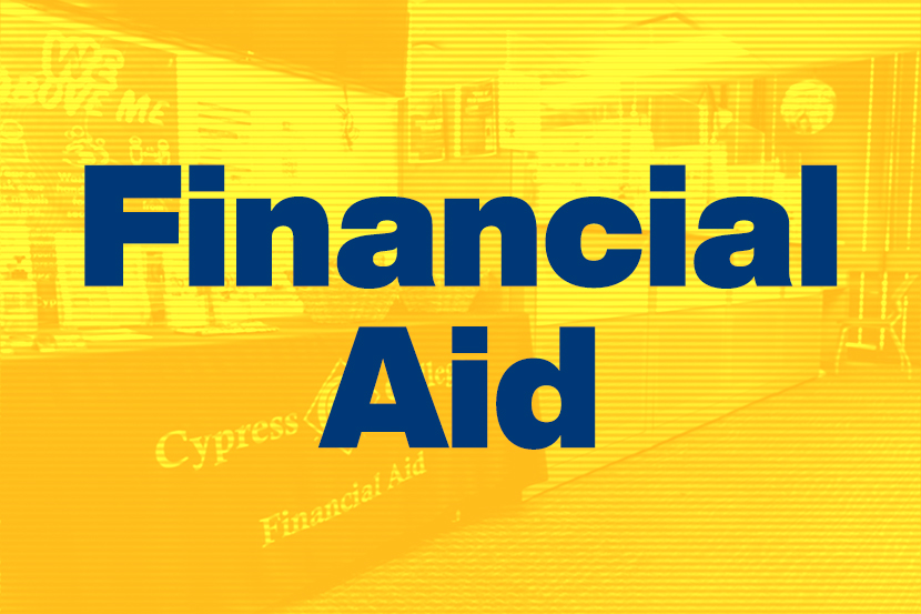 Financial Aid office with yellow overlay and words Financial Aid in blue
