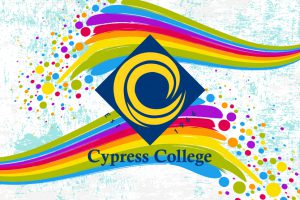 Cypress College logo on top of rainbow background