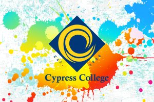 Cypress College logo on top of paint splatter background