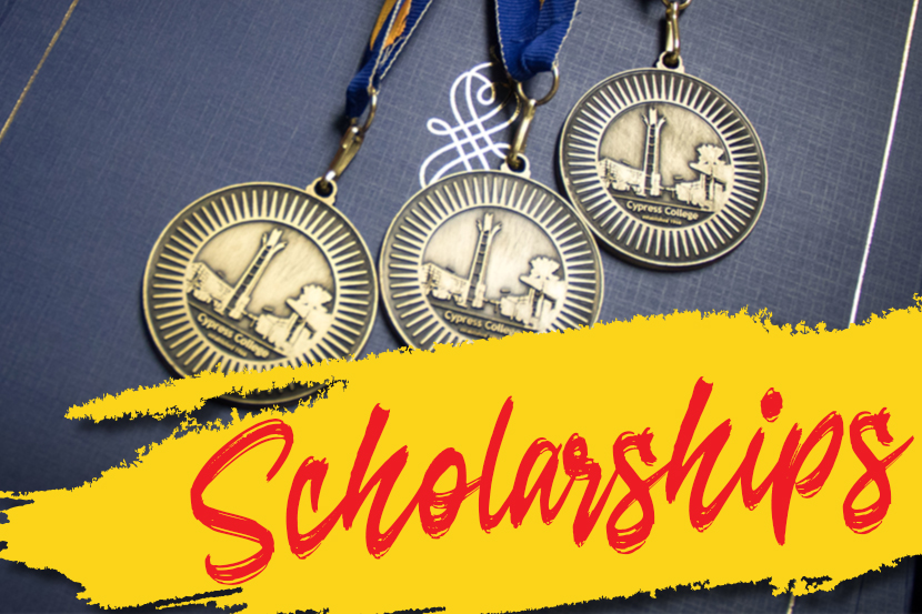 Three Cypress College medals with a yellow overlay at the bottom and the word Scholarships in red