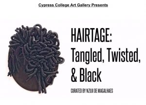 Composite image of black telephone cords as hair for art flyer