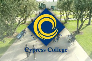 Cypress College logo with background image of campus grounds.