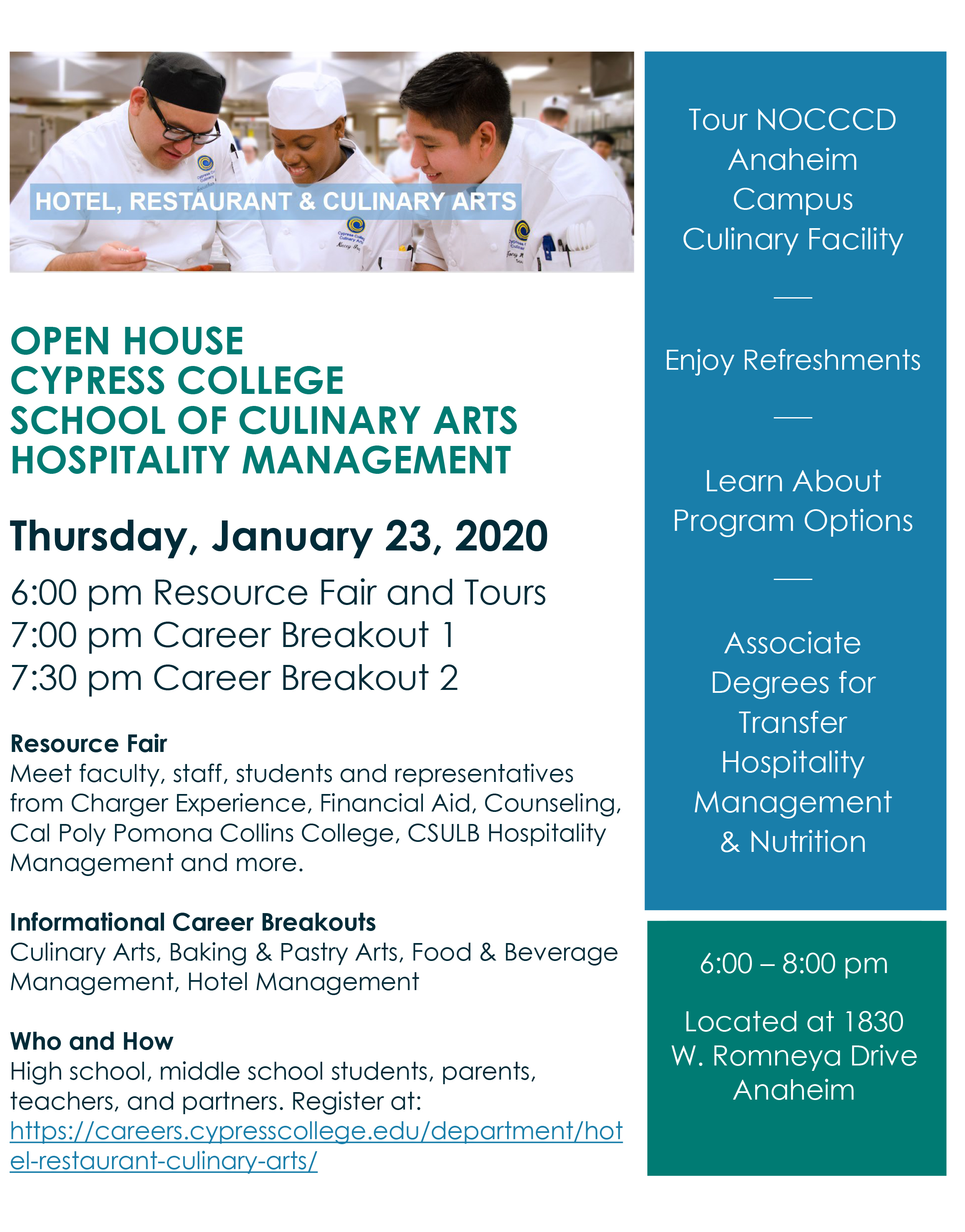 School of Culinary Arts Hospitality Management Open House flyer