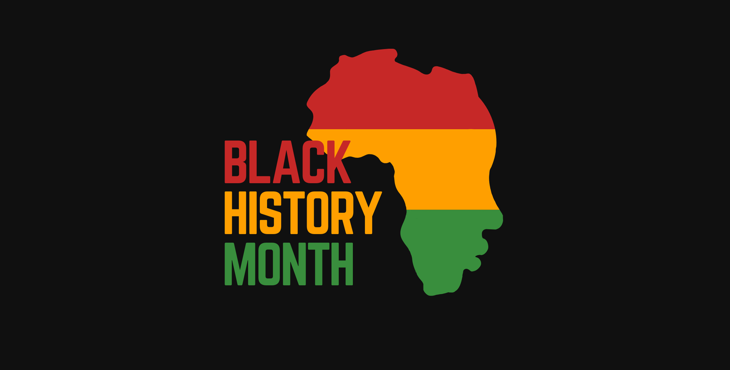 Map of Africa in red, yellow, and green on black background with words Black History Month