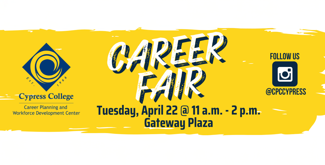 Career Fair on a yellow background telling the date and time of the event