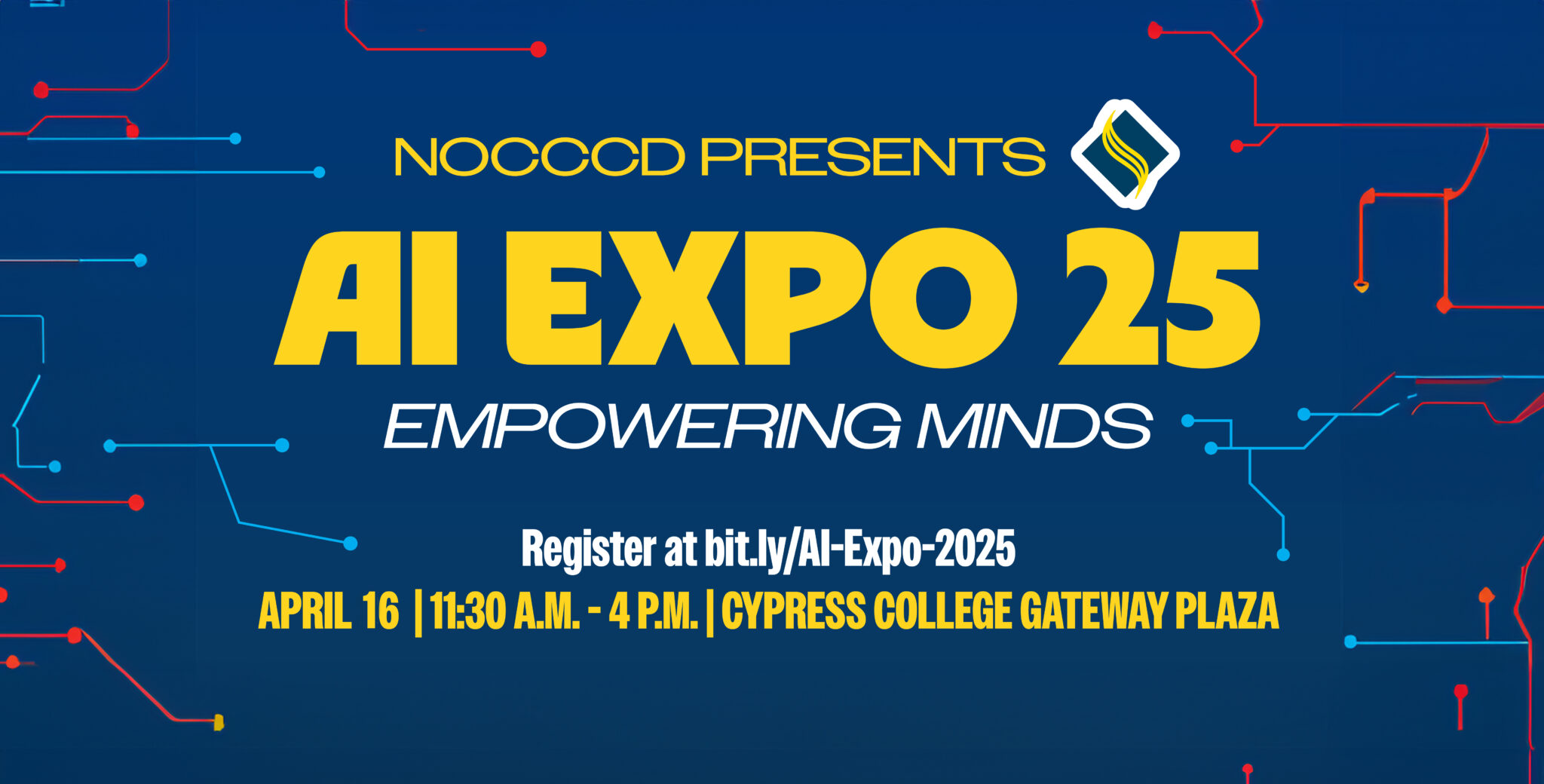 NOCCCD Presents AI Expo 25 Empowering Minds on a blue background with blue and red lines
