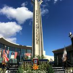 The campanile with the commencement stage in the foreground.