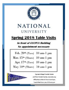 National University Spring 2018 Table Visit flyer.