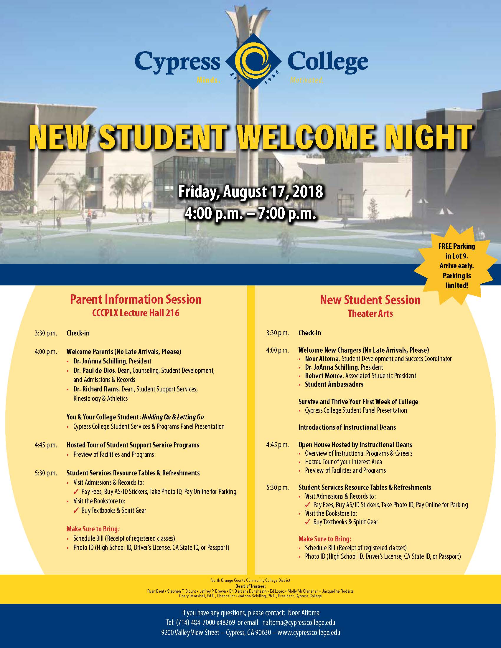 Cypress College New Student Welcome Night flyer.