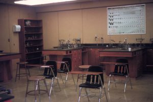 Desks and lab equipment in classroom