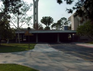 The campanile, and a road through the middle of campus