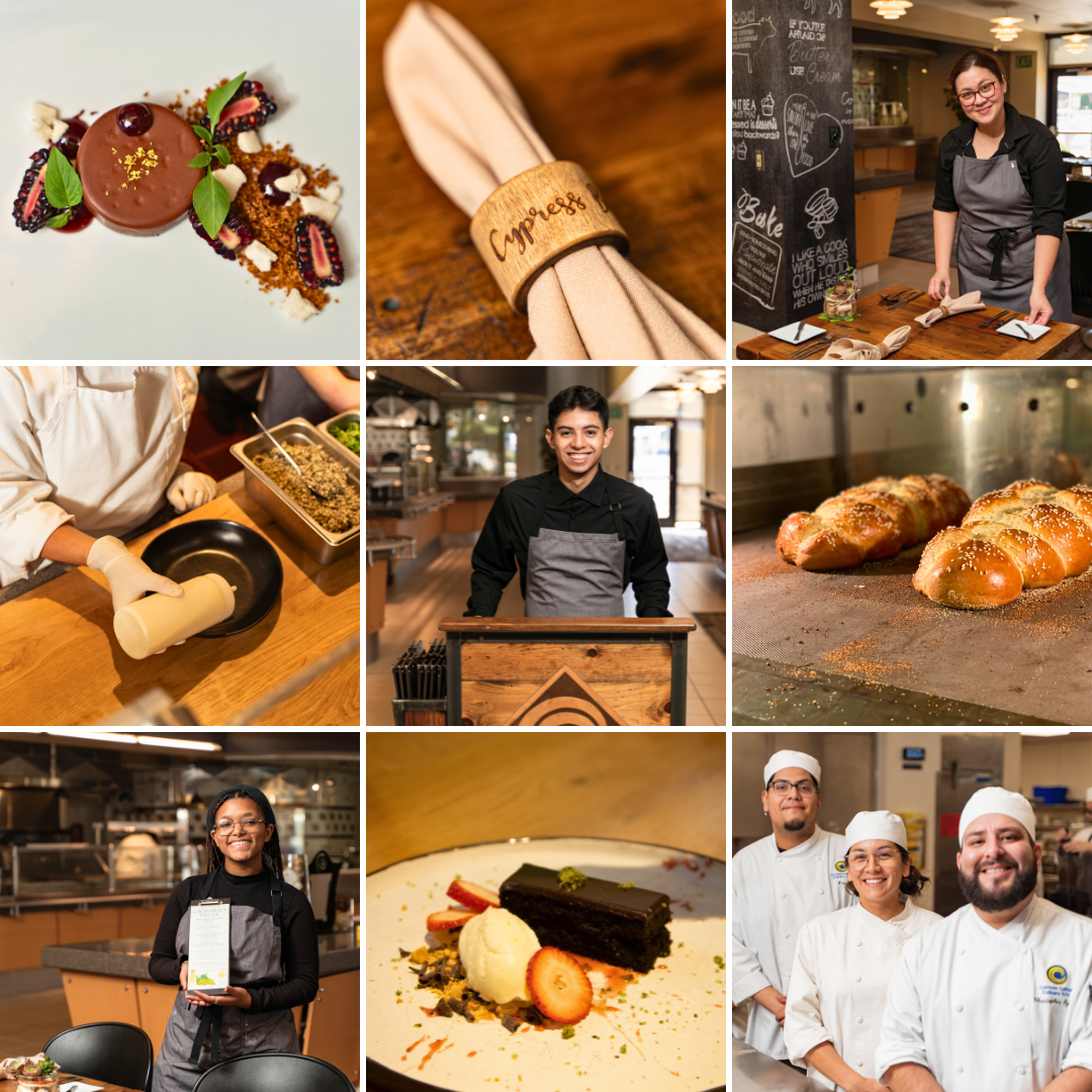 A grid shows nine images of the Cypress Bistro including food and students working there.