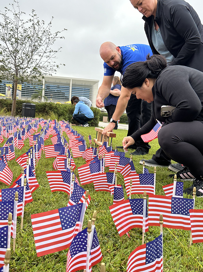 People placing down small American flags on a grass area