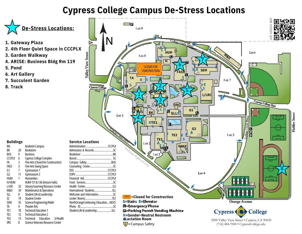 Map of campus with areas to de-stress marked with stars