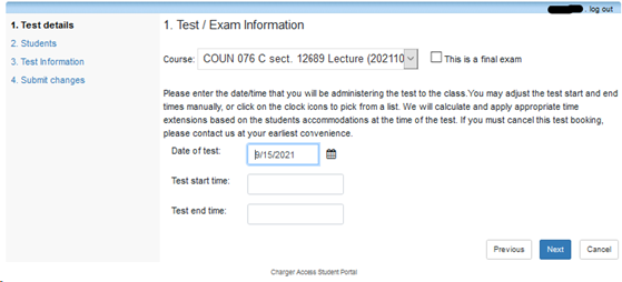 Screenshot of exam booking screen