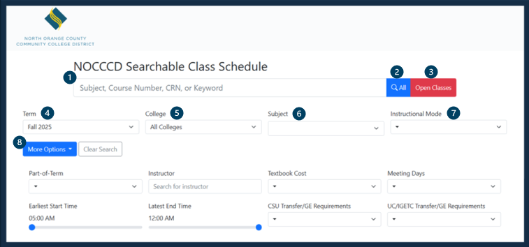 Screenshot of the North Orange County Community College District's searchable class schedule interface for Fall 2025, with various filtering options.