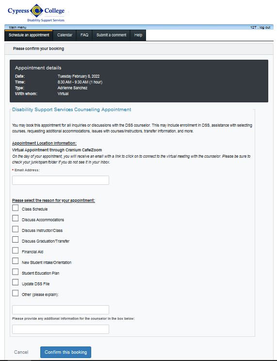 DSS Portal Book Appointment Form page