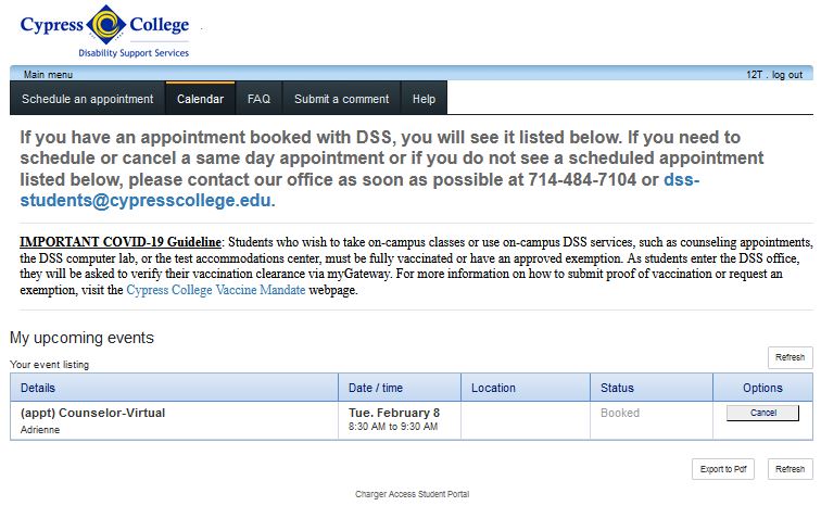 DSS Portal Book Appointment calendar screen