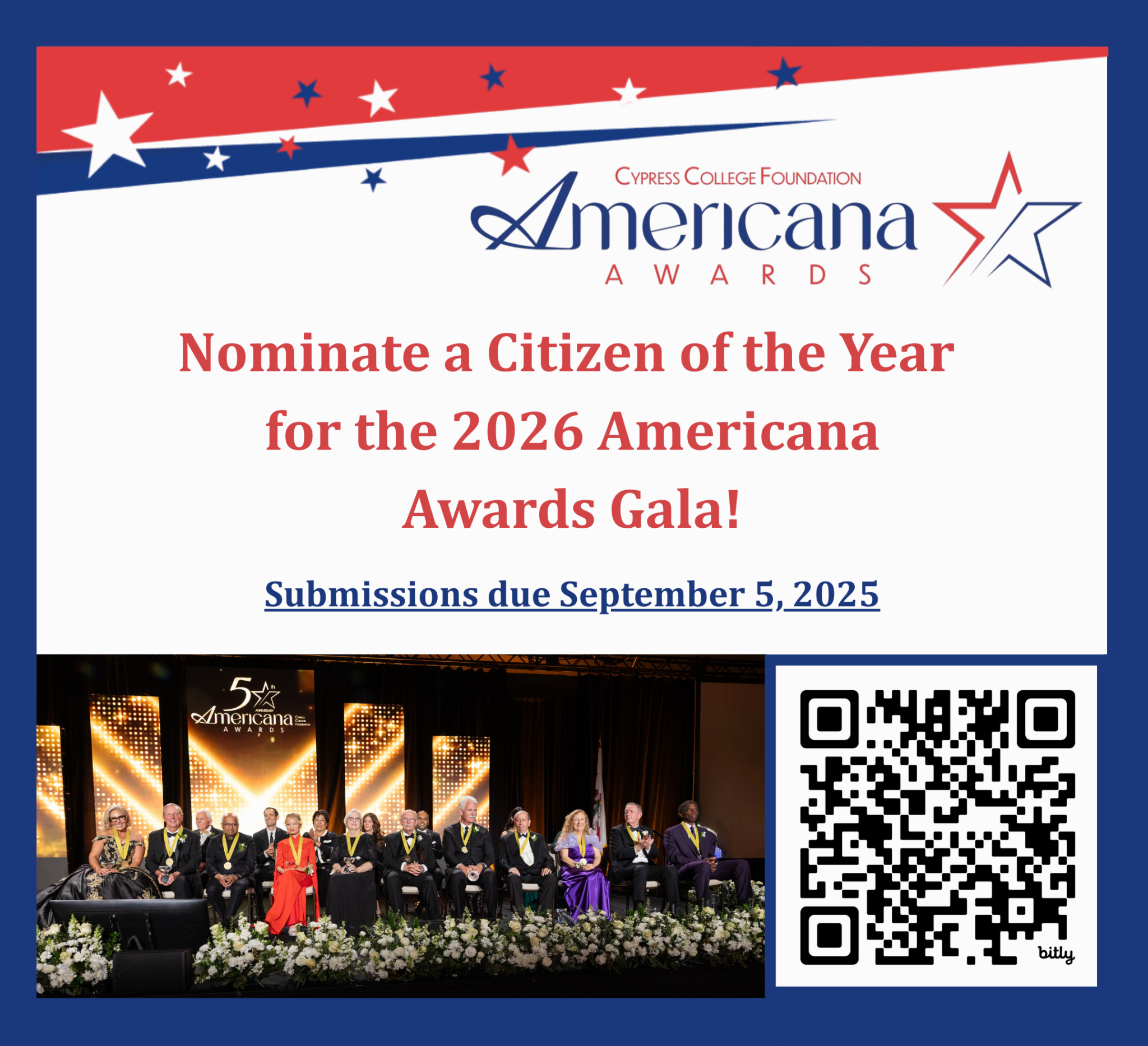 Banner promoting the 2026 Americana Awards Gala, encouraging nominations for Citizen of the Year, with a QR code for submissions.