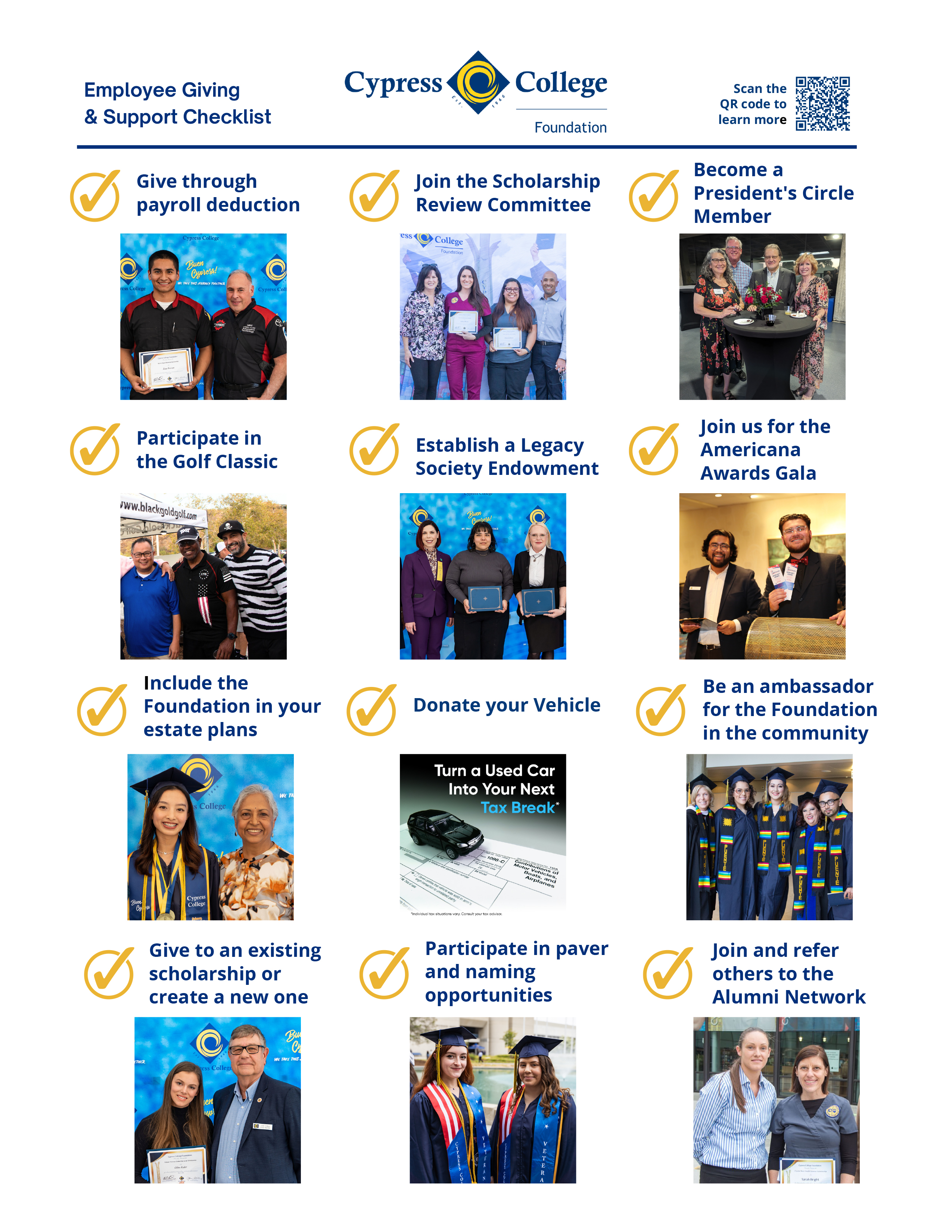 A grid of photos and text with images and names of ways Cypress College employees can financially support students, such as give through payroll deduction, establish a legacy society endowment, and join us for the americana awards. Click on the embedded link for the full list. 