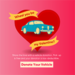 Bulletin board with photos and sticky notes pinned to it. The sticky notes read "donate your vehicle"