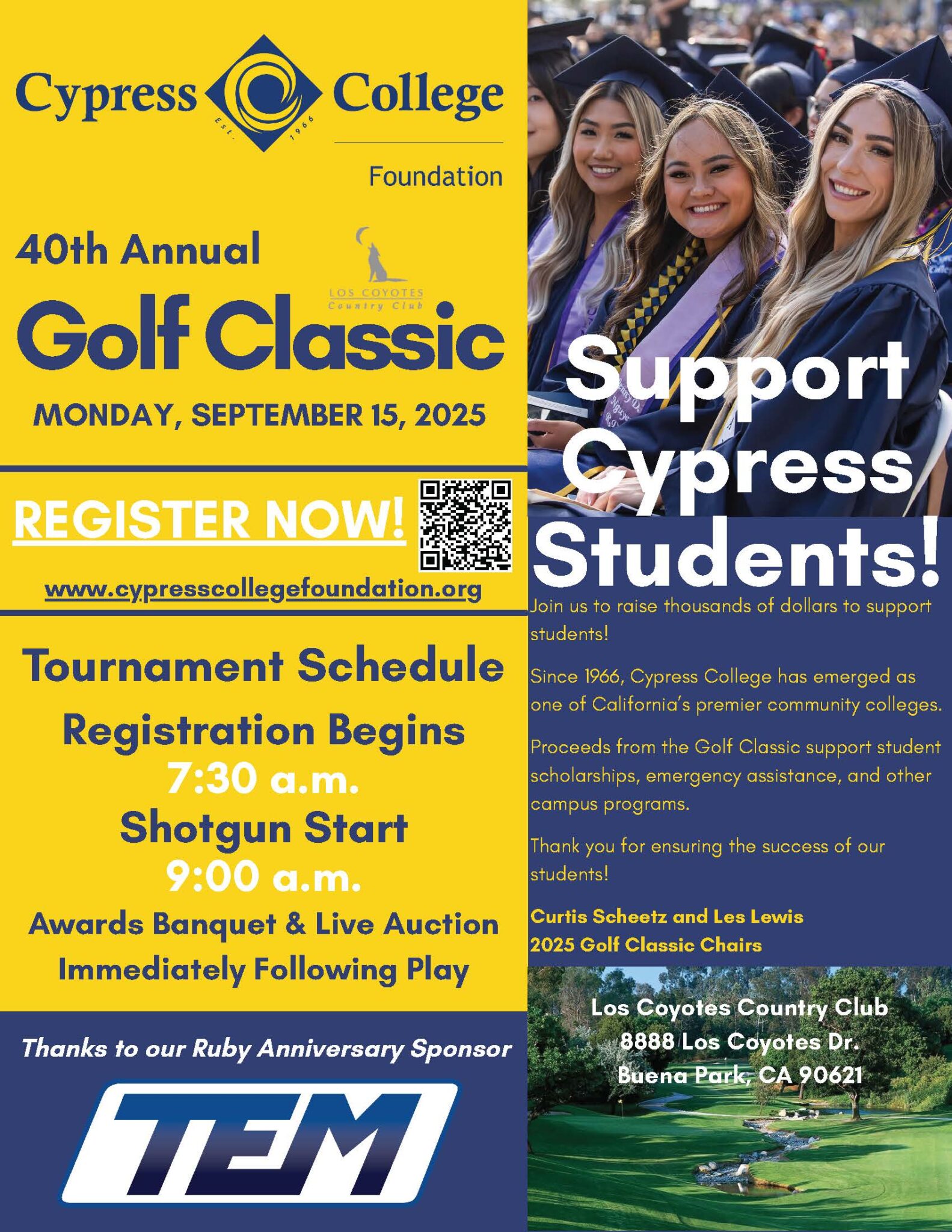 Flyer for Cypress College Foundation's 40th Annual Golf Classic on Sept 15, 2025, with event schedule, registration info, and sponsor logos at Los Coyotes Country Club in Buena Park, CA.