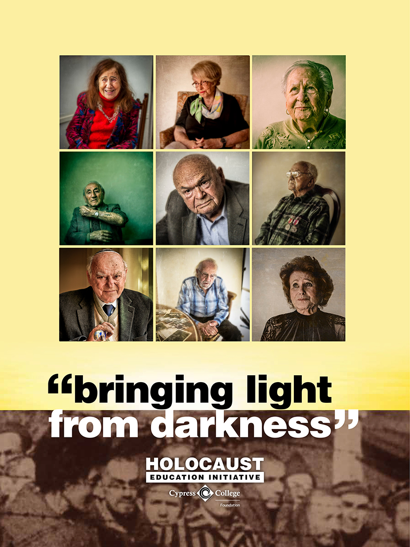 A grid of nine portraits of elderly individuals with serious expressions above the text: "bringing light from darkness" and "Holocaust Education Initiative, Cypress College.
