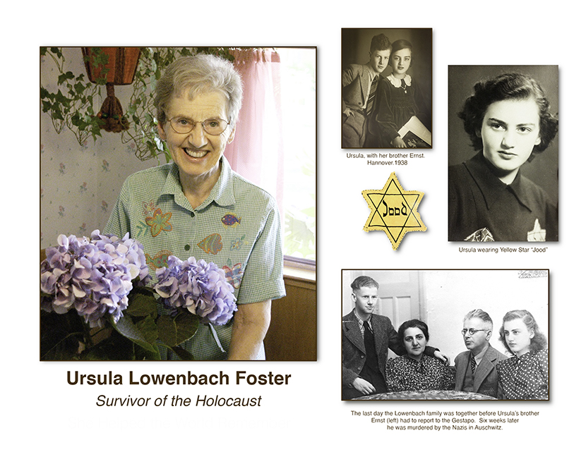Ursula Lowenbach Foster, a Holocaust survivor, holds purple hydrangeas in her home, surrounded by historical family photos and documents.