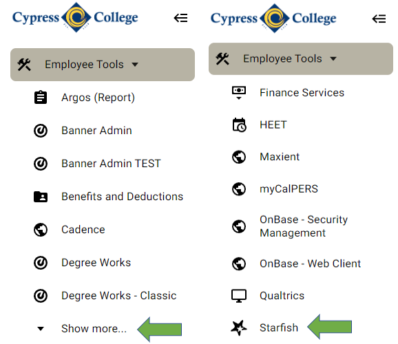 MyGateway employee tools menu with a green arrow pointing at “show more” button alongside the additional menu items with a green arrow pointing at the Starfish icon