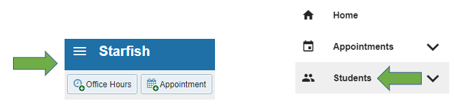 Starfish header with a green arrow pointing at hamburger menu with hamburger menu expanded with a green arrow pointed at the students icon