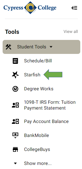 MyGateway student tools menu with a green arrow pointing at “Starfish” icon and link