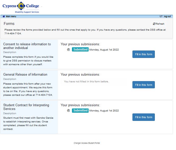 Screenshot of DSS forms online
