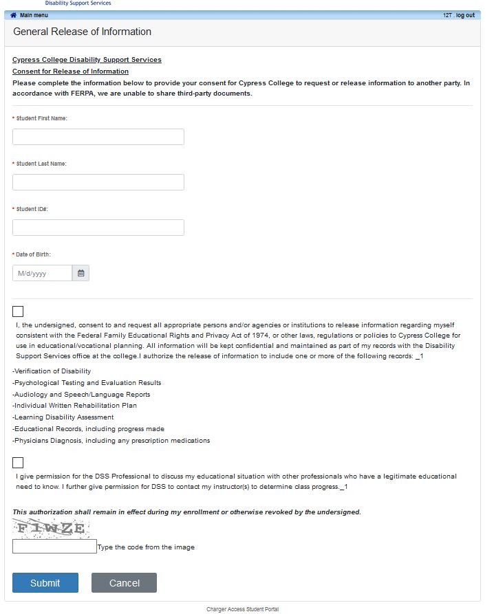 Screenshot of general release of information form