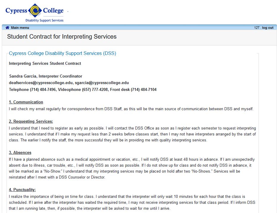 Screenshot of student contract for interpreting services form
