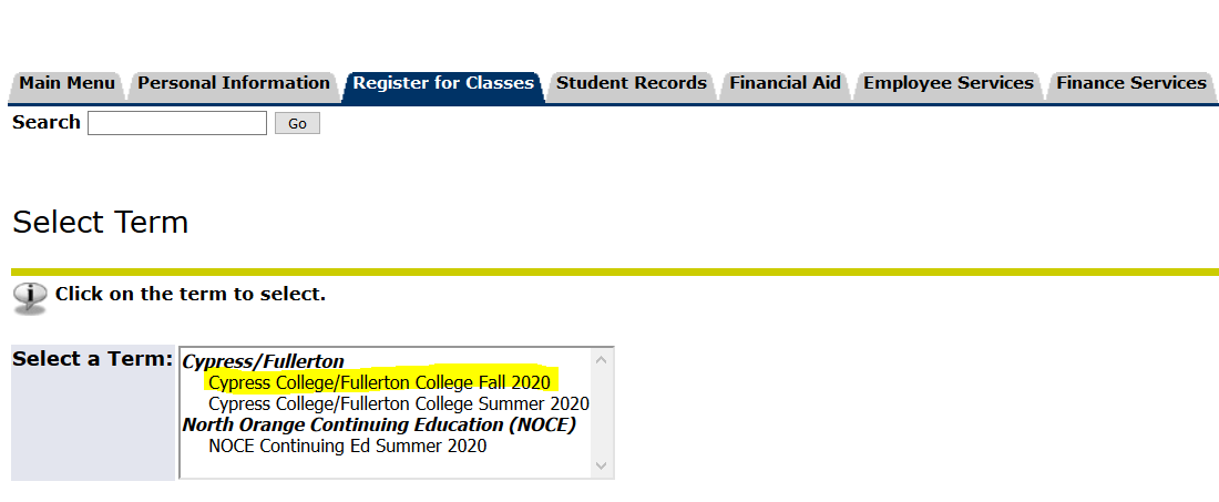 Screenshot of myGateway page with Cypress College/Fullerton College highlighted