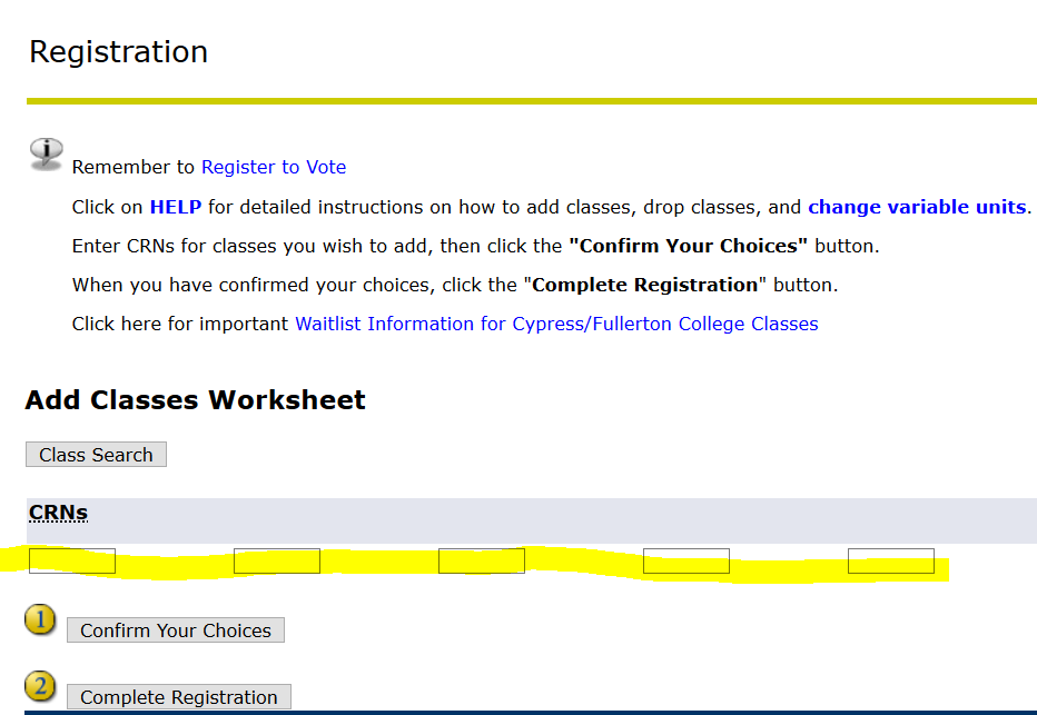 Screenshot of myGateway page with CRN boxes highlighted