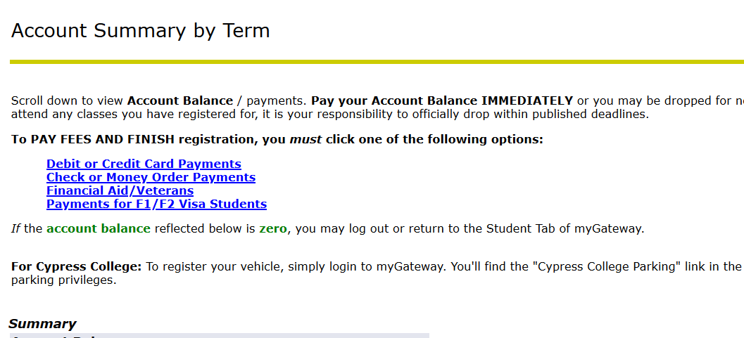 Screenshot of myGateway page that lists the Account Summary by Term