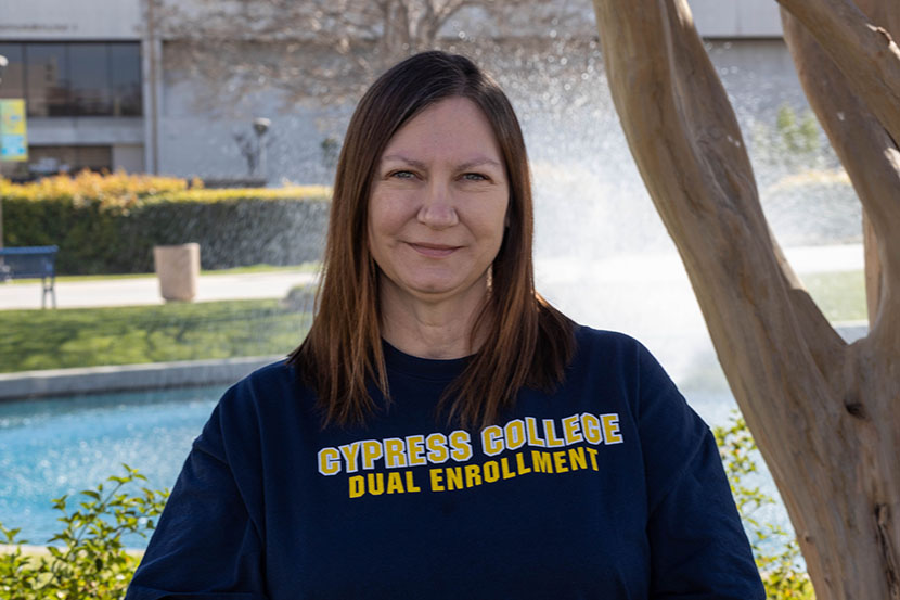 Dual Enrollment staff Rachael Elgin wearing Cypress College Dual Enrollment sweatshirt
