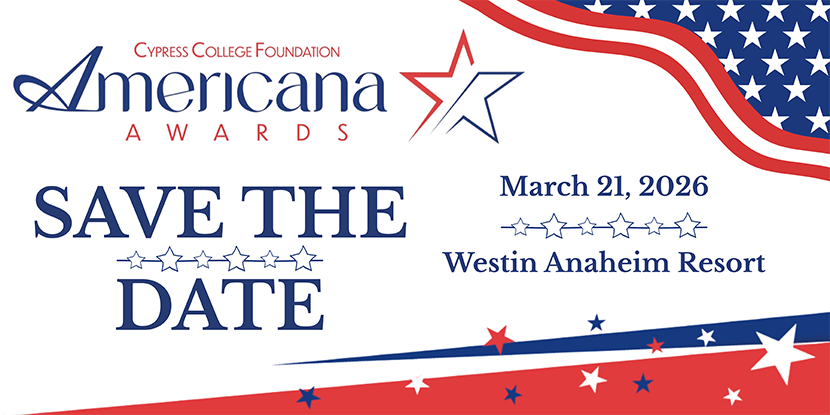 Promotional banner for Cypress College Foundation's Americana Awards on March 21, 2026, at Westin Anaheim Resort. The design features a patriotic theme with American flag colors and stars.