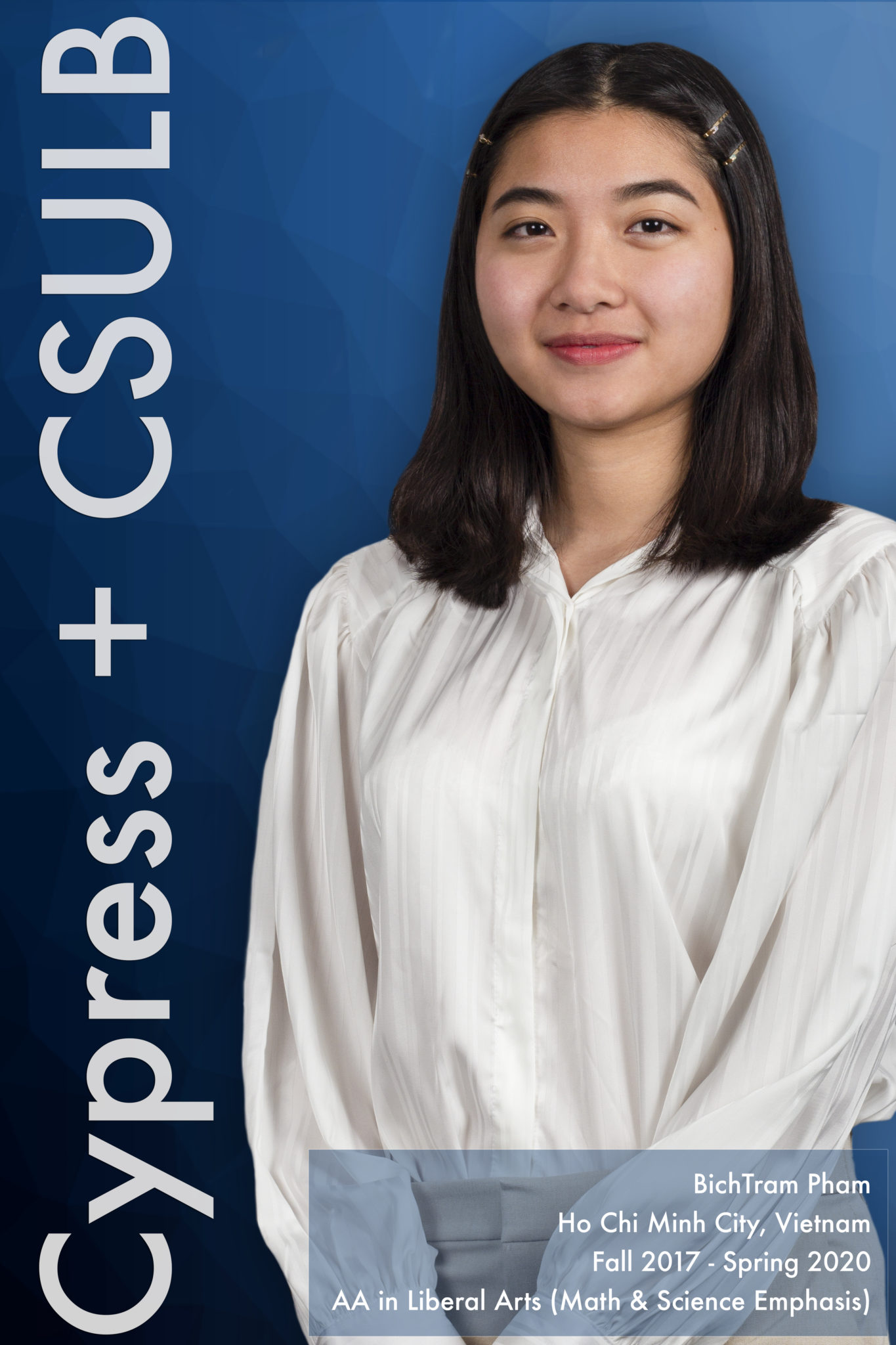 Woman with shoulder-length hair in white long-sleeved shirt