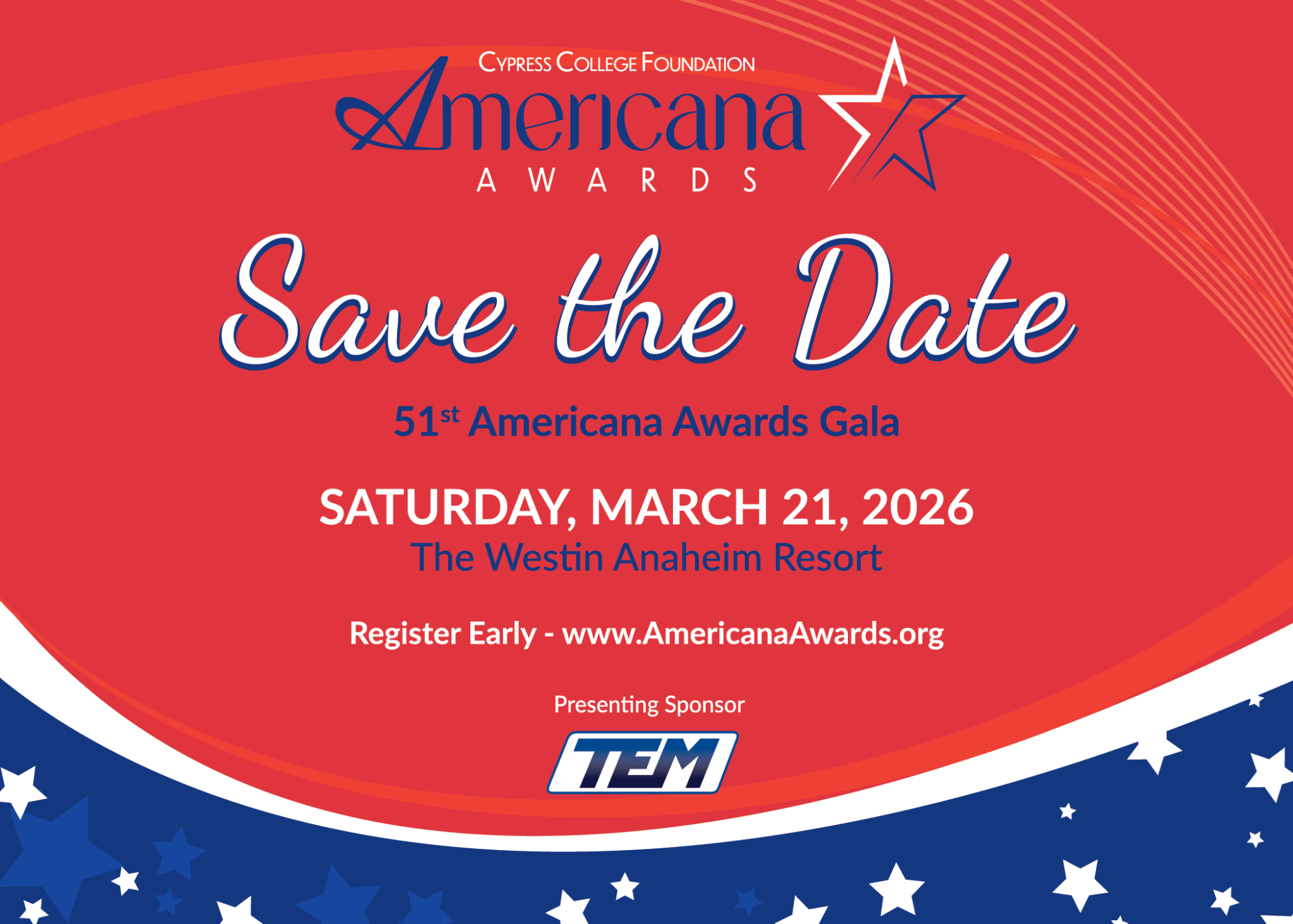 Red, wide promotional banner for Cypress College Foundation's Americana Awards on March 21, 2026, at Westin Anaheim Resort. The design features a patriotic theme with American flag colors and small stars along the bottom.