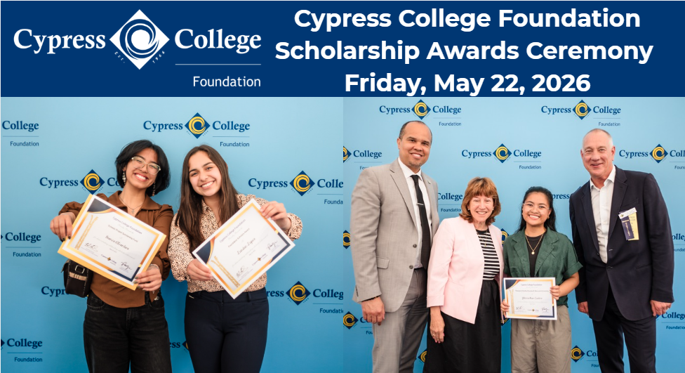 President Scott Thayer and students pose for a photo under the words Foundation Scholarship Awards