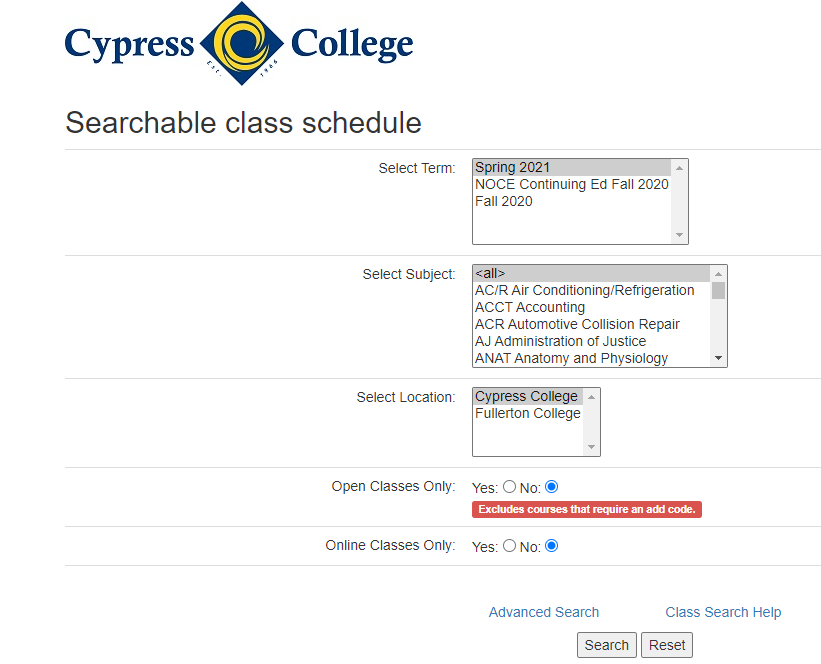 Screenshot of searchable class schedule