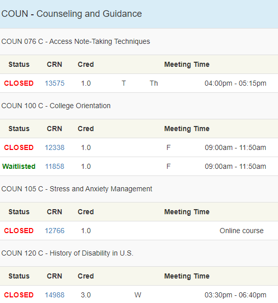 Screenshot of searchable class schedule