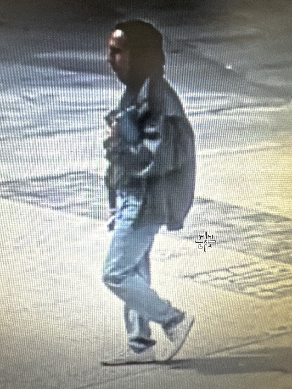A person walking on a concrete path. Photo from video camera.