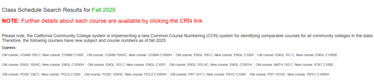 Example of message at the top of the class schedule